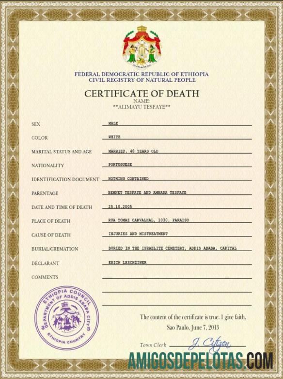 Em branco modelo PSD de certidão de óbito de registro vital da Etiópia